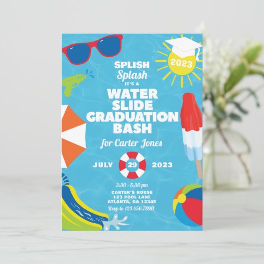 Waterslide Afstuderen Bash / Pool Party Invitation Kaart (Staand voorkant)