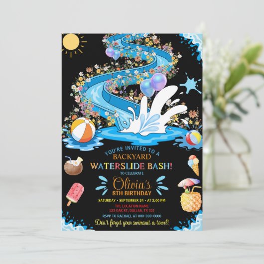 Waterslide Bash Zomer Wilde Bloem Verjaardagsfeest Kaart (Staand voorkant)