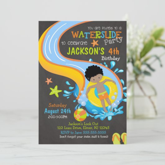 Waterslide Birthday Invitation / Pool Party / Boy Kaart (Staand voorkant)