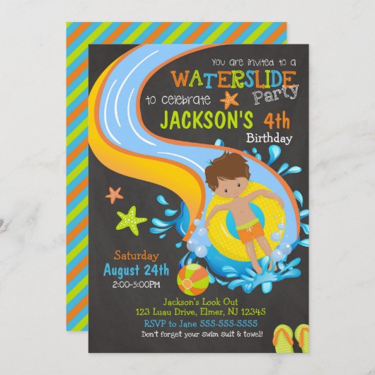 Waterslide Birthday Invitation / Pool Party / Boy Kaart (Voorkant / Achterkant)