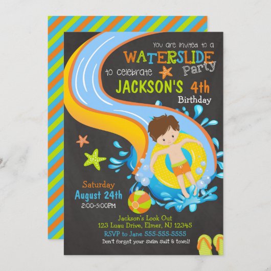 Waterslide Birthday Invitation / Pool Party / Boy Kaart (Voorkant / Achterkant)