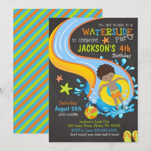 Waterslide Birthday Invitation / Pool Party / Boy Kaart (Voorkant / Achterkant)
