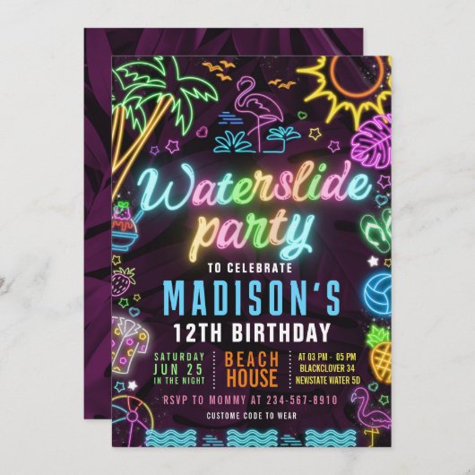 Waterslide Glow Party bewerkbare uitnodiging (Voorkant / Achterkant)