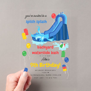 Waterslide Kids Zomer Spetter Spat Verjaardag Acryl Uitnodigingen