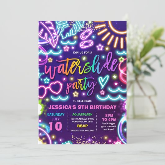 Waterslide plash Pad Birthday Party Neon Glow Kaart (Staand voorkant)