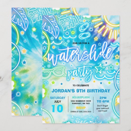 Waterslide plash Pad Birthday Party Tie Dye Glow Kaart (Voorkant / Achterkant)