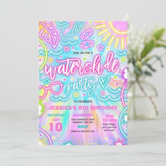 Waterslide plash Pad Birthday Party Tie Dye Glow Kaart (Staand voorkant)