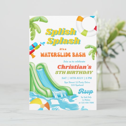 Waterslide Pool Party Verjaardag Jongen Uitnodigin Kaart (Staand voorkant)