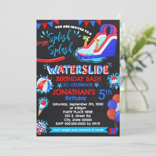 Waterslide Splish Splash Verjaardag Rood Wit Blauw Kaart (Staand voorkant)