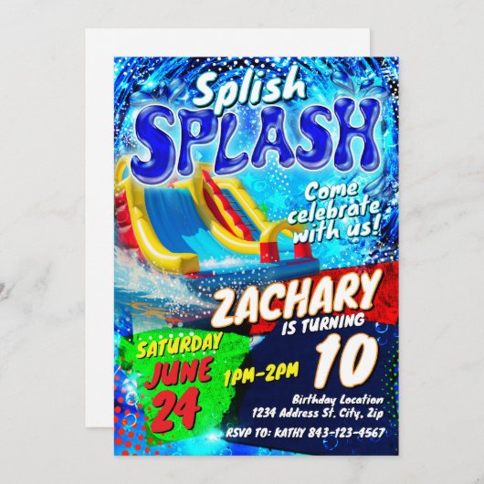 Waterslide verjaardagsuitnodiging Sjabloon Kaart (Voorkant / Achterkant)