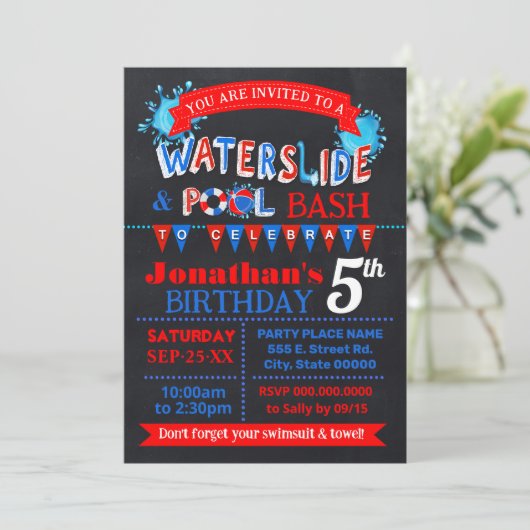 Waterslide Zwembad Verjaardagsfeestje Bash Rood Wi Kaart (Staand voorkant)