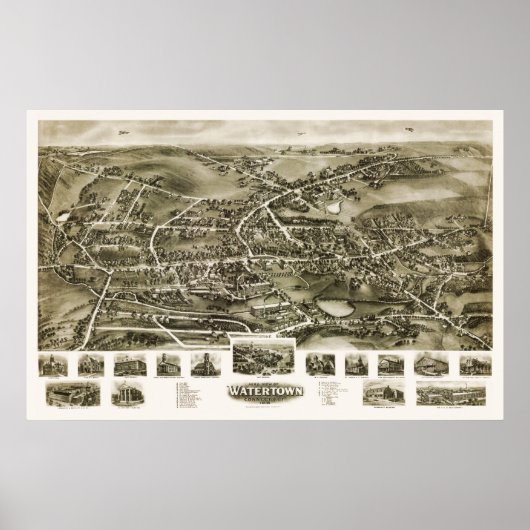Watertown, CT Panoramic Map - 1918 Poster (Voorkant)