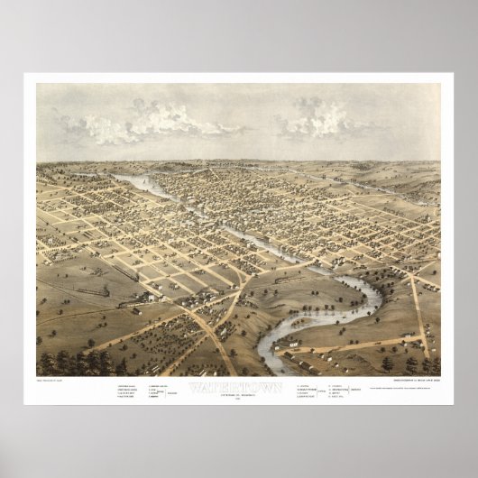 Watertown, WI Panoramic Map - 1867 Poster (Voorkant)