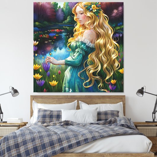 *~ Waterval AP56 Art Blondine Vrouw Vijver Bloemen Canvas Afdruk (Insitu (Slaapkamer))