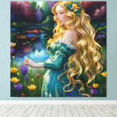 *~ Waterval AP56 Art Blondine Vrouw Vijver Bloemen Canvas Afdruk (Insitu (Houten vloer))