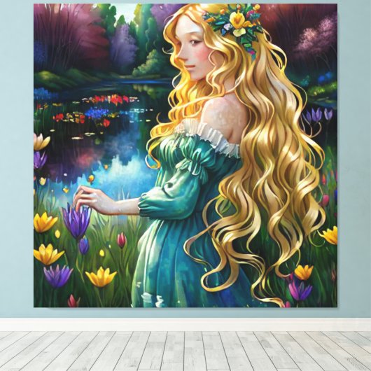 *~ Waterval AP56 Art Blondine Vrouw Vijver Bloemen Canvas Afdruk (Insitu (Houten vloer))