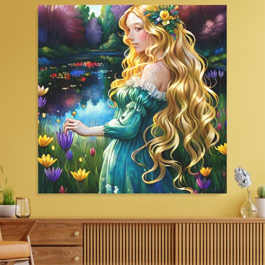 *~ Waterval AP56 Art Blondine Vrouw Vijver Bloemen Canvas Afdruk (Insitu (Woonkamer))