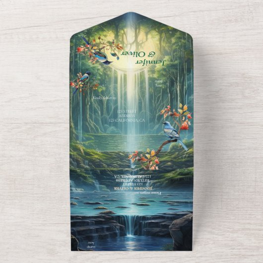 Waterval bestemming van onze wereld all in one uitnodiging (Buitenkant)