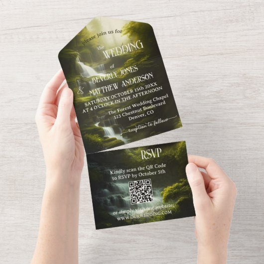 Waterval Bos groen QR Code Bruiloft All In One Uitnodiging (Afscheurbaar)