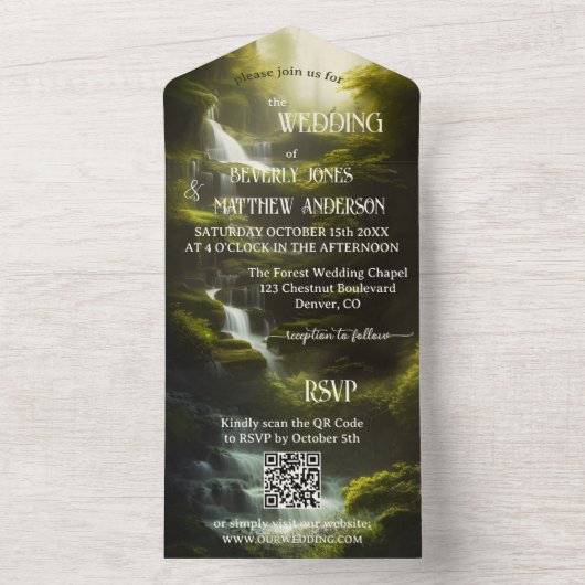 Waterval Bos groen QR Code Bruiloft All In One Uitnodiging (Binnen)