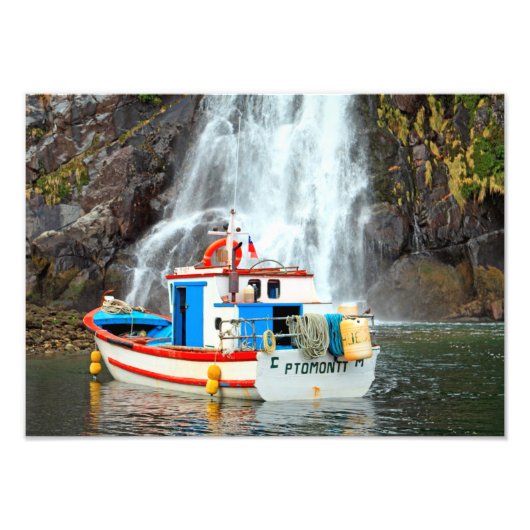 Waterval en boot foto afdruk (Voorkant)
