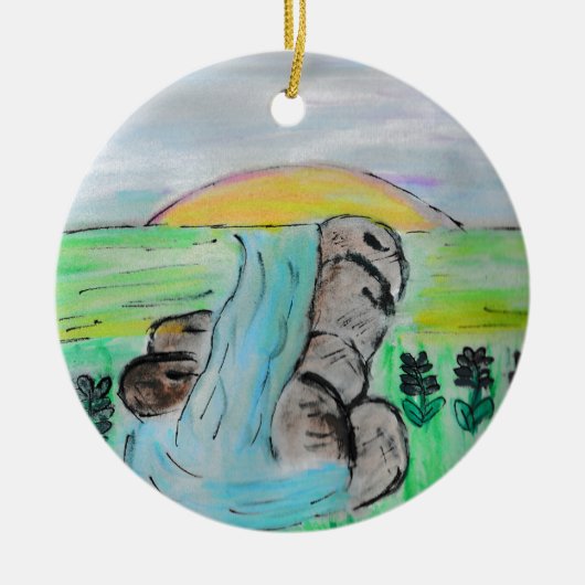 Waterval en lavendelbloemen keramisch ornament (Voorkant)