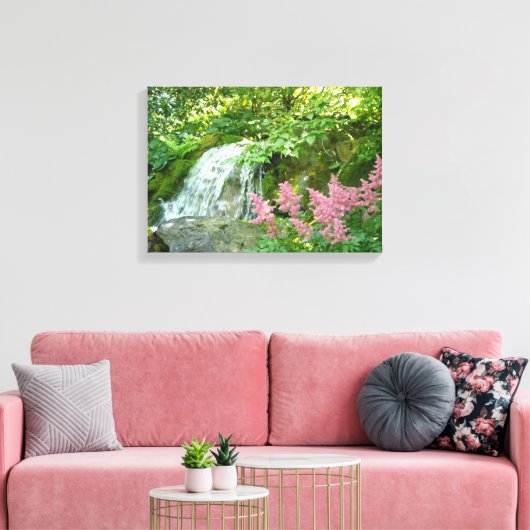 Waterval en Roze Astilbe Canvas Afdruk (Insitu (Woonkamer))