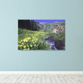 Waterval en wilde bloemen in alpiene weide, canvas afdruk (Insitu (Houten vloer))