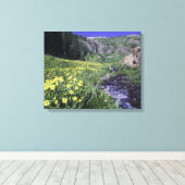 Waterval en wilde bloemen in alpiene weide, canvas afdruk (Insitu (Houten vloer))