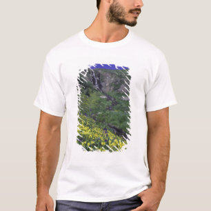 Waterval en wilde bloemen in alpiene weide, t-shirt