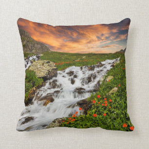 Waterval in de bergen met bloemen kussen