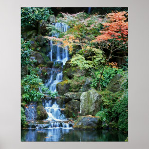 Waterval in de Japanse tuin Poster