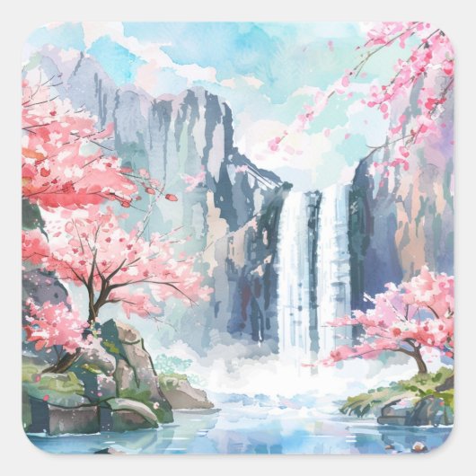 Waterval in de lente vierkante sticker (Voorkant)