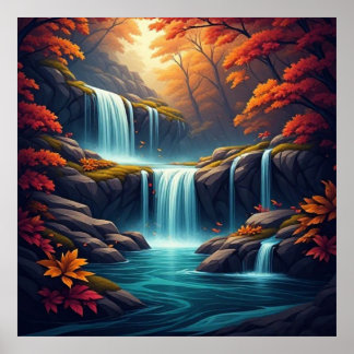 Waterval in een herfstbos 🍂 poster
