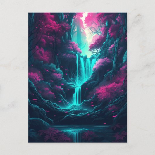 Waterval Landschap Forest Pink Blue Fantasy Briefkaart (Voorkant)