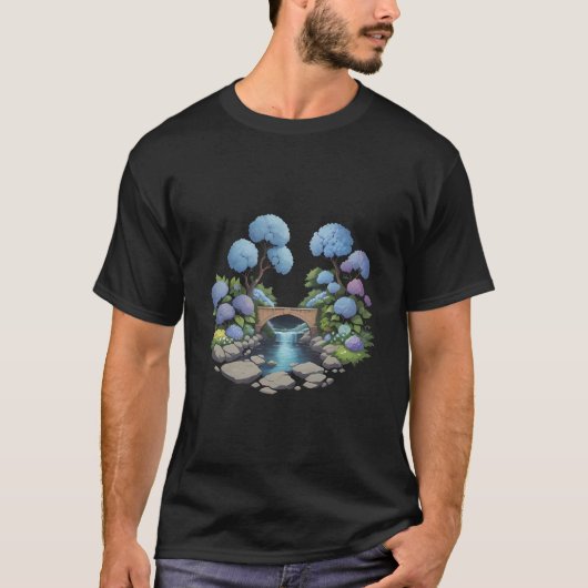 Waterval, stenen brug en bloemen t-shirt (Voorkant)