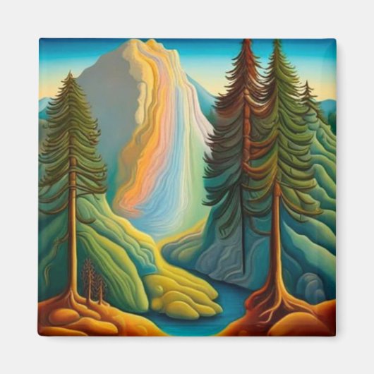 Waterval tussen dennenbomen magneet (Voorkant)