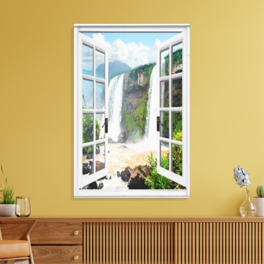 Waterval Uitzicht Trompe L'oeil Fake Window Canvas Afdruk (Insitu (Woonkamer))