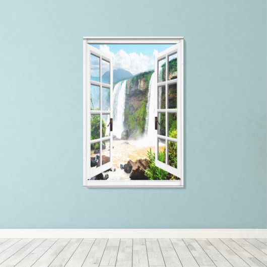 Waterval Uitzicht Trompe L'oeil Fake Window Canvas Afdruk (Insitu (Houten vloer))