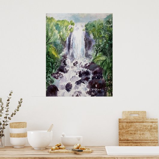 Watervallandschap waterverf op papier poster (Keuken)