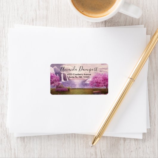 Watervallen en Cherry Trees door een meer Etiket (Insitu)