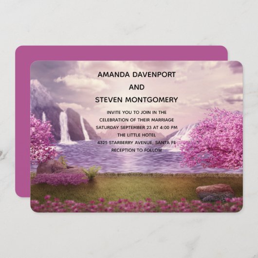 Watervallen en Cherry Trees rond een bruiloft Kaart (Voorkant / Achterkant)
