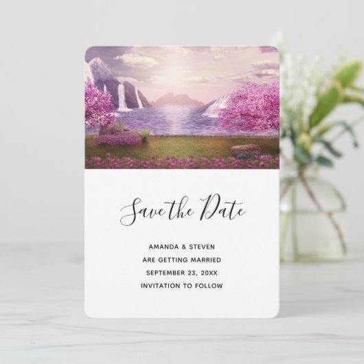 Watervallen en Cherry Trees rond een bruiloft Save The Date (Staand voorkant)