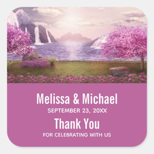 Watervallen en Cherry Trees rond een bruiloft Vierkante Sticker (Voorkant)