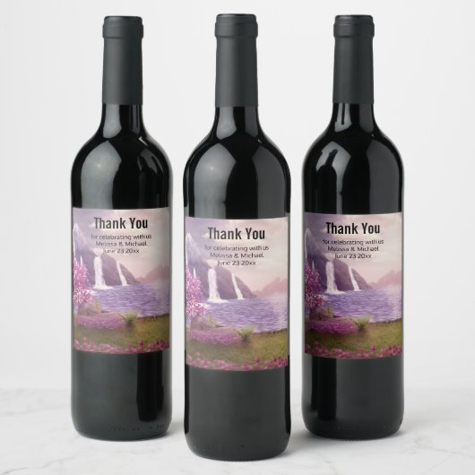 Watervallen en Cherry Trees rond een bruiloft Wijn Etiket (Flessen)