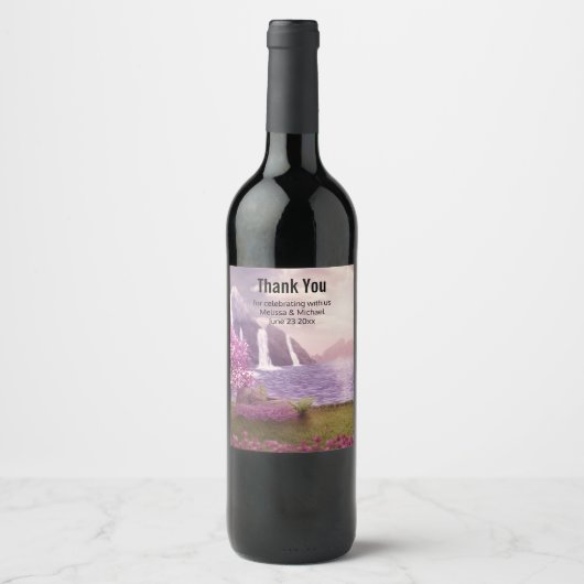 Watervallen en Cherry Trees rond een bruiloft Wijn Etiket (Voorkant)