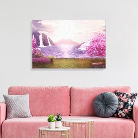 Watervallen en Cherry Trees rond een meer Canvas Afdruk (Insitu (Woonkamer))