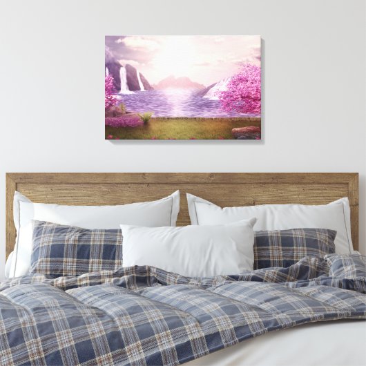 Watervallen en Cherry Trees rond een meer Canvas Afdruk (Insitu (Slaapkamer))