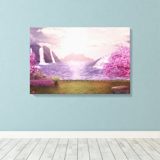 Watervallen en Cherry Trees rond een meer Canvas Afdruk (Insitu (Houten vloer))