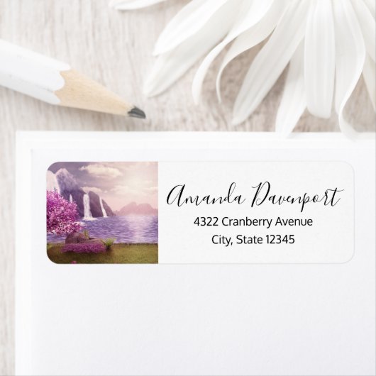 Watervallen en Cherry Trees rond een meer Etiket (Insitu)